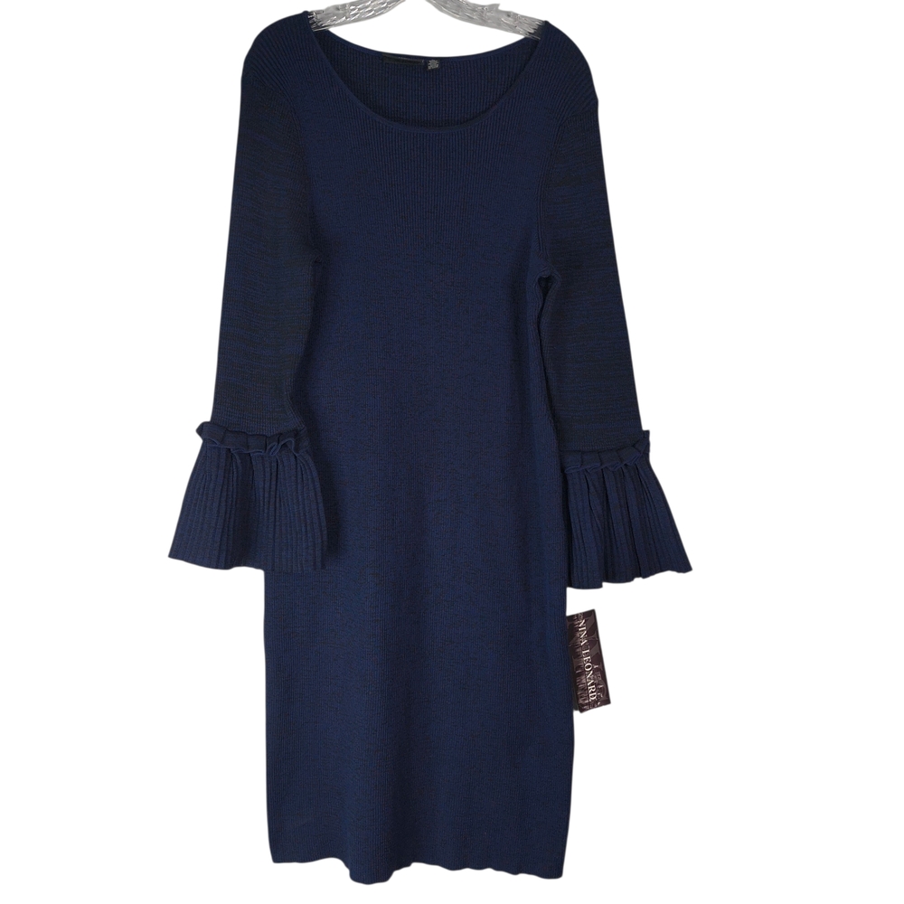 Nina Leonard Dress Women's XL Blue Pleated Bell Sleeve Ribbed Sweater Sheath